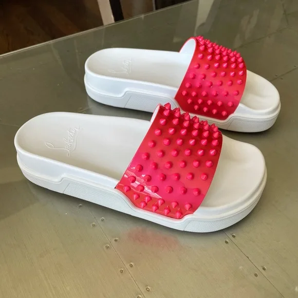 Christian louboutin pool fun donna slides sandals flat floride white sz 40.5 - Picture 1 of 10